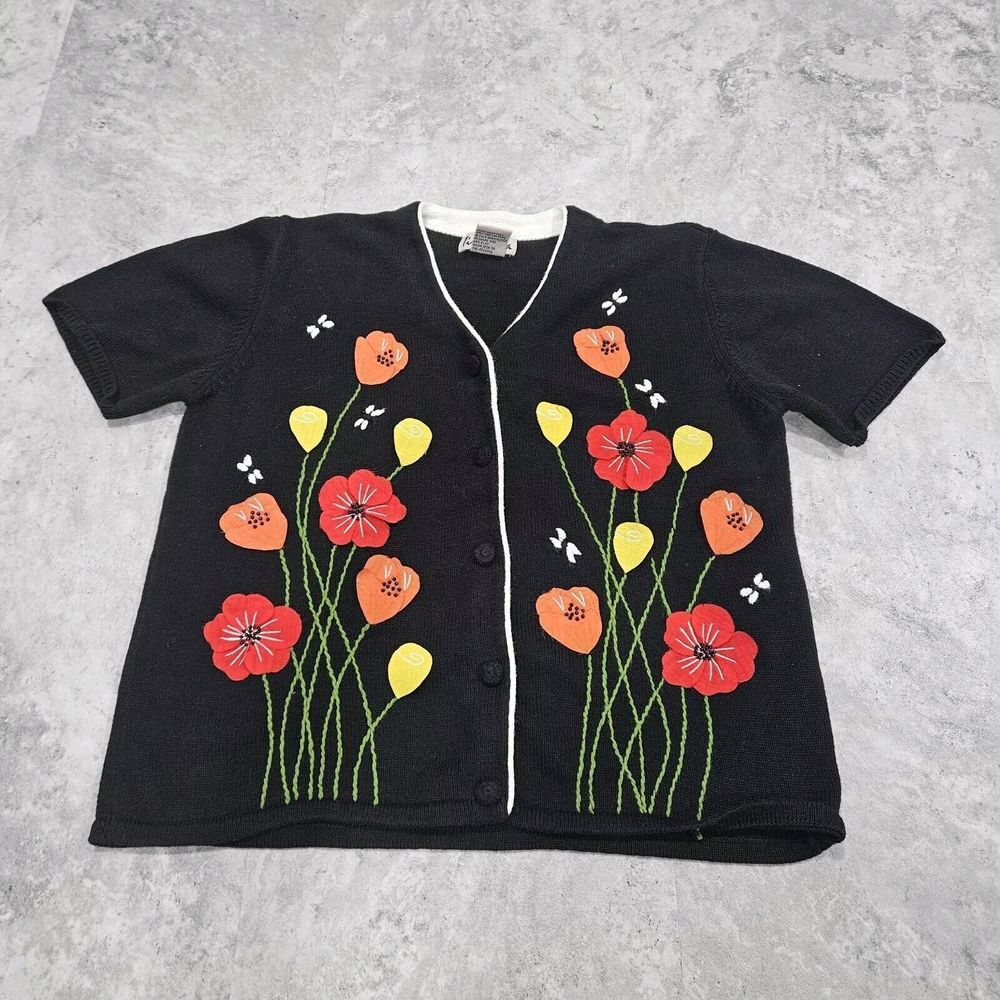 TimberLea Large Cardigan Sweater Floral Stitch‎ Knit Button Up - Short Sleeve
